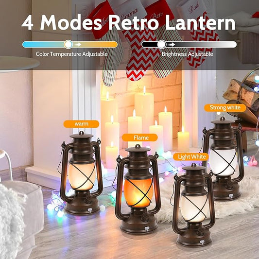2 Pack Vintage Lantern Flickering Flame Rechargeable LED Retro Camping Lights 4 Modes Remote Control Battery Powered Outdoor Lamp Hanging Lanterns