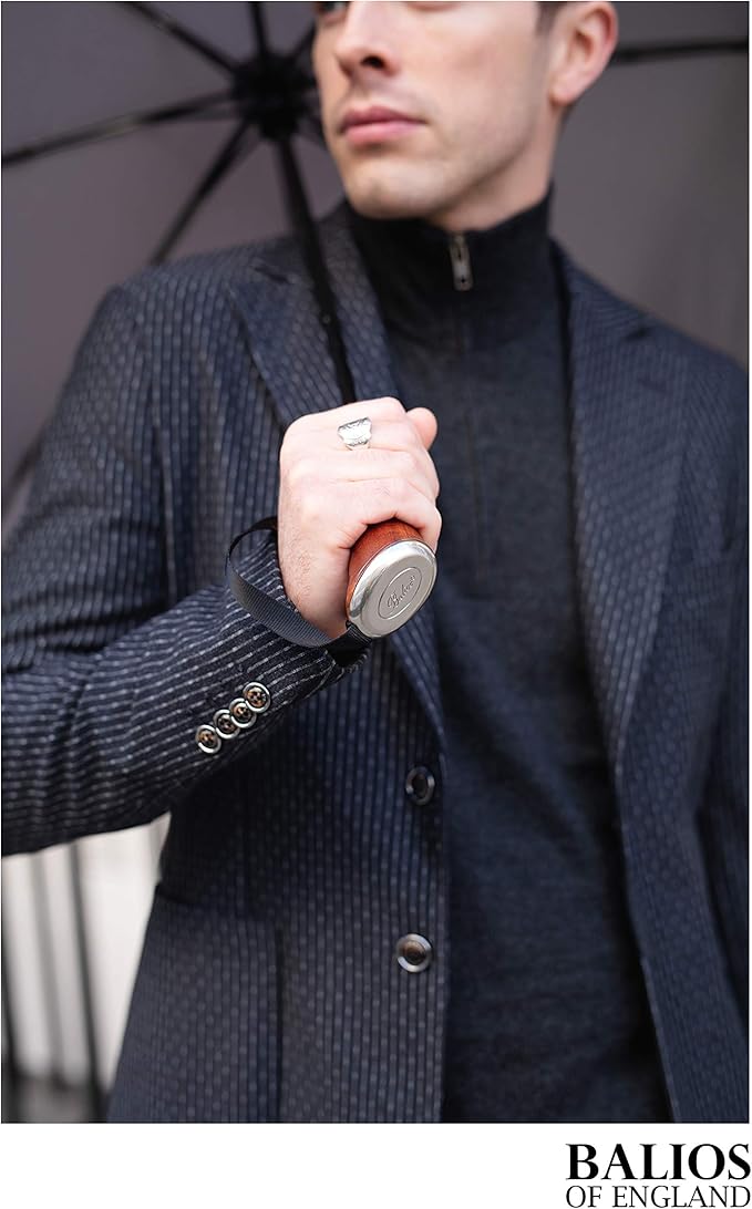 Balios (Designed in UK) Travel Umbrella Luxurious Golden Hardwood Handle Auto Open & Close Windproof Frame Single Canopy Automatic Folding Umbrella Men's & Ladies