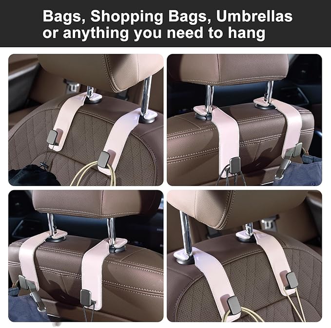 CoBak Headrest Hooks for Car - Universal Premium Stitched Leather and Aluminum-Magnesium Alloy Single Car Seat Back Storage Hook for Purses, Handbags, Bags (2 Pack),Pink