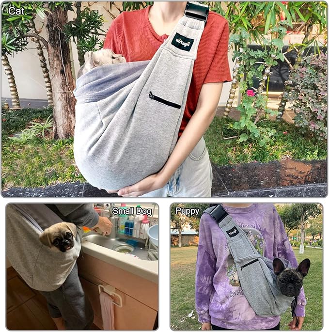 NATUYA Pet Dog Sling Carrier - Breathable Mesh Travel Safe Sling Bag Carrier for Dogs Cats-Hands Free Pet Bag-Buckle net Pocket pet Bag (Grey)