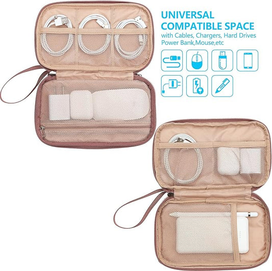 NISHEL Travel Cord Organizer Case, Double Layers Tech Electronic Bag, Essentials for Charger, Cable, Phone, Flash drive, Medium, Rose-wood Pink