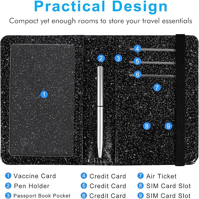 Caweet Passport Holder and Vaccine Card holder Combo RFID Blocking Leather Vaccination Card Wallet with Elastic Band Closure, Glitter Black