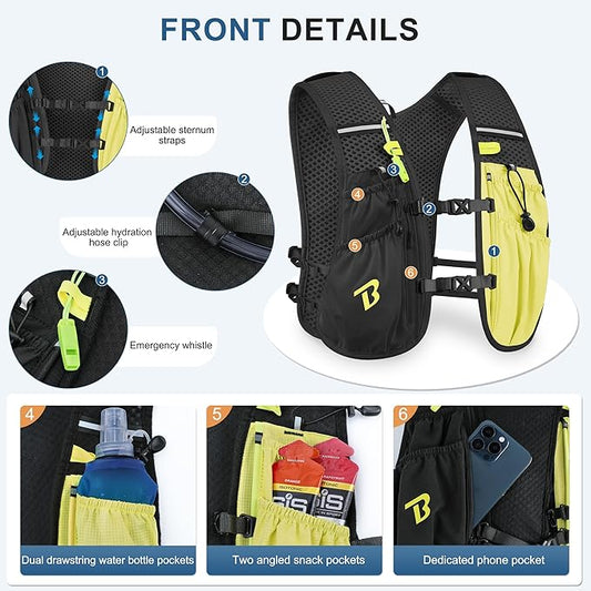 BECOJADDE Running Vest Hydration Backpack for Men Women, 5L Lightweight Running Backpack Hydration Pack for Marathon, Trail, Cycling, Hiking, Jogging