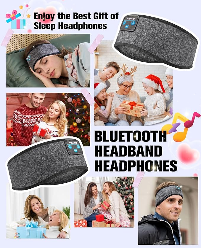 Voerou Sleep Headphones Bluetooth Headband for Women Men, Wireless Sleeping Headphones for Side Sleepers with Ultra-thin Stereo Speakers, Unique Gift for Men Sleeping Yoga Meditation Travel Office Nap