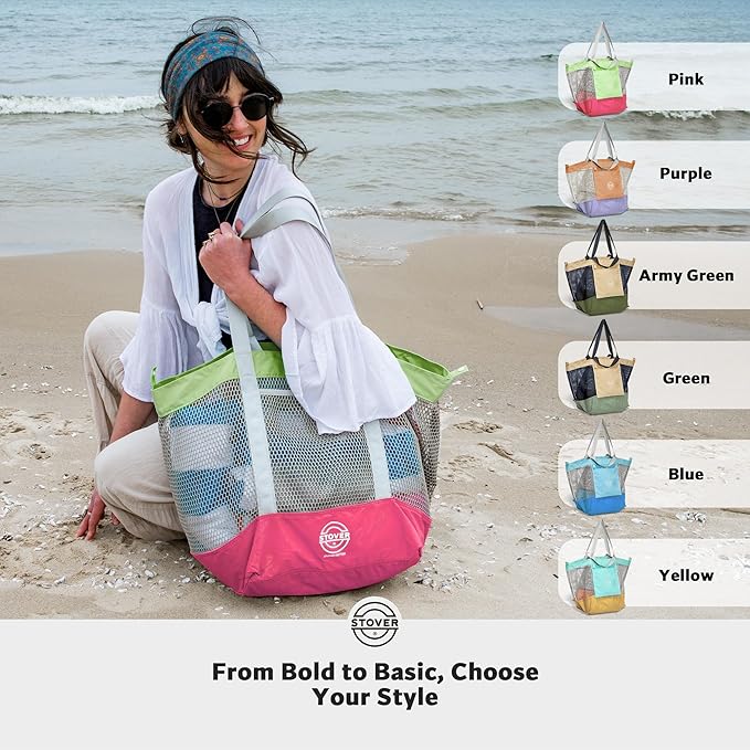 STOVER Large Mesh Beach Bag, Vacation, Pool, Shopping, & Travel Tote - Foldable w/Storage Pockets for Women, Men & Families