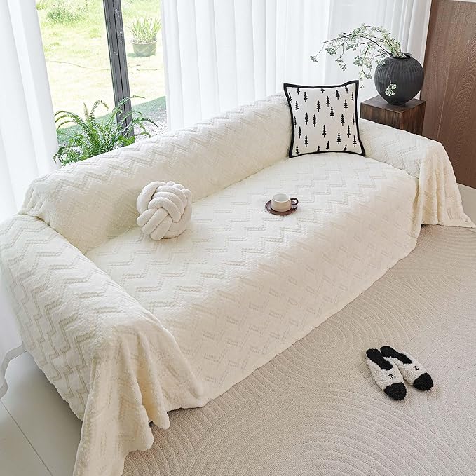 Sherpa Fleece Couch Cover for 3 Cushion Sofa, Beige, 71" x 134" - Pet Proof Sofa Covers Heavy Duty Scratch Resistant Pet Friendly Furniture Cover - Easy Install, Machine Washable