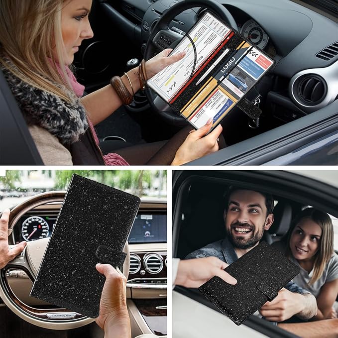 DMLuna Car Registration and Insurance Holder, Leather Vehicle Card Document Glove Box Organizer, Auto Truck Compartment Accessories for Essential Information, Driver License Cards, Glitter Black