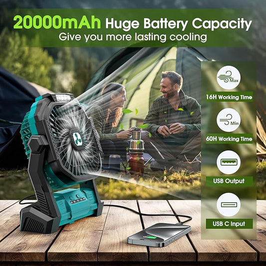 Portable Rechargeable Fan, 20000mAh Cordless Battery Powered Camping Tent Fans with LED Lantern, Small USB C Operated Outdoor Ventilador for Travel Camp Fishing Picnic Bedroom Power Outage Emergency
