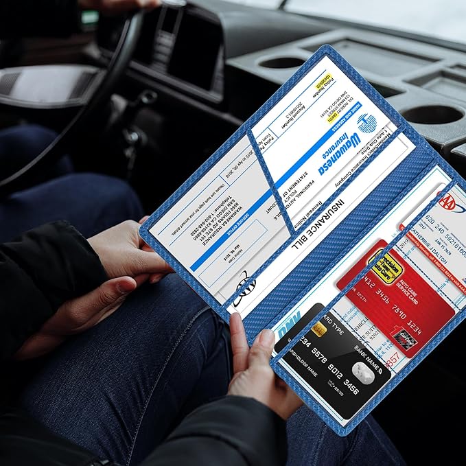 TOURSUIT Car Registration and Insurance Card Holder, Vehicle License Document Glove Box Compartment Organizer, Essential Car Wallet Case for Driver Auto Owners (Carbon Blue)