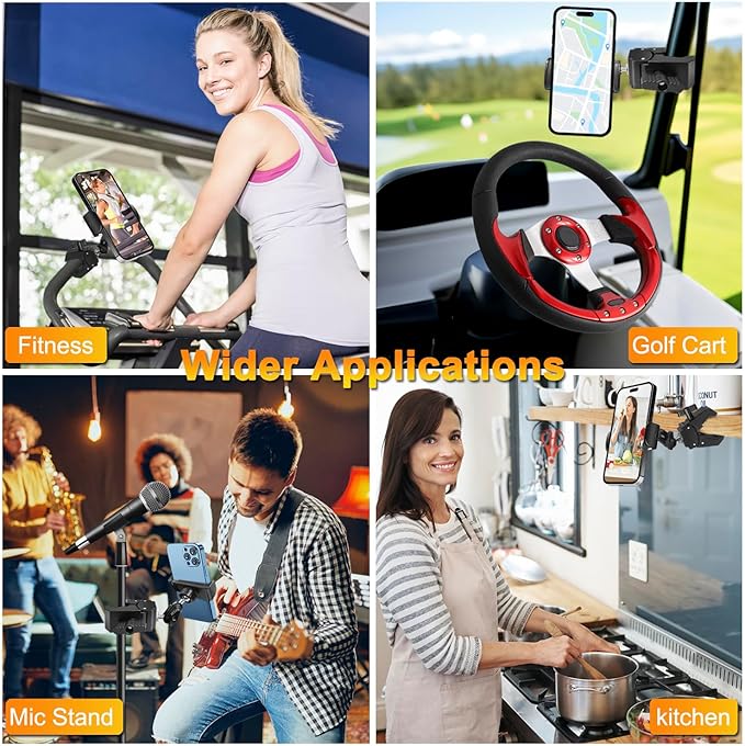 Phone Holder for Mic Stand, Treadmill, Spin Bike, Stroller, Adjustable Clamp on Phone Holder for Microphone Stand, Desk Pipe Pole Clamp Phone Mount Stands for iPhone Samsung All Smartphones (Standard)