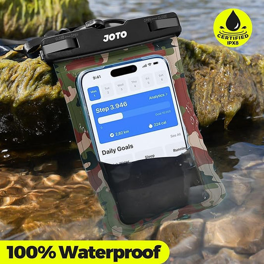 JOTO Up to 7" Universal Waterproof Phone Case for iPhone 17 Air 16 15 14 13 12 11 Plus Pro Max, IPX8 Cellphone Dry Bag XR X SE, Galaxy S23 S22 S21 S20+ S20 S10 Plus Note, Pixel -Camo