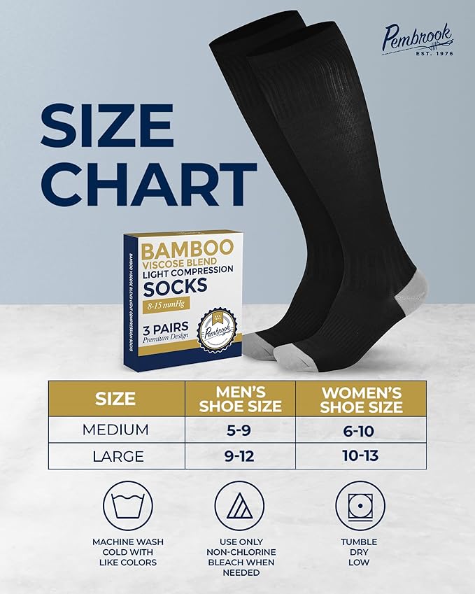 Pembrook Bamboo Viscose Light Compression Socks - 3 Pairs | 8-15 mmhg Compression Socks | Knee High Comfort Support Socks
