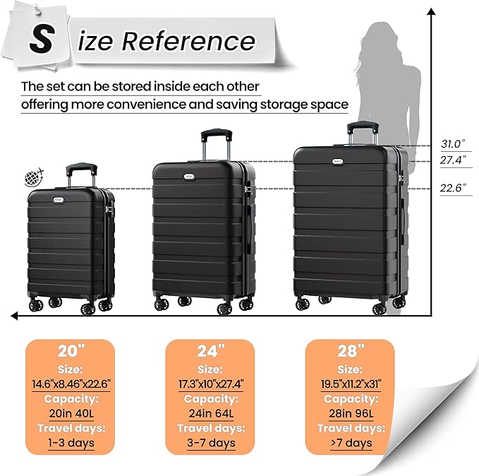 AnyZip Luggage Sets 10 Piece Hardshell Suitcase Set PC ABS Lightweight Travel Suitcases with 4 Double Spinner Wheels TSA Lock 20 24 28 Inch with 7 Storage Bags Black