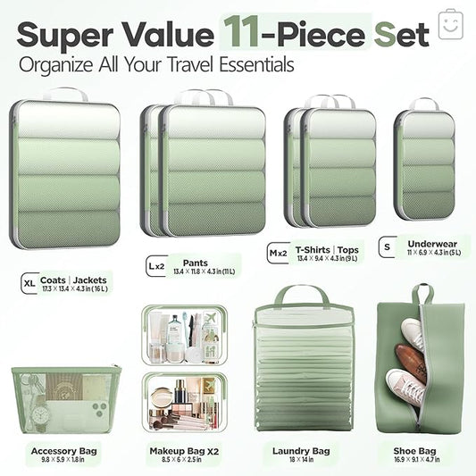 Veken 11 Set Compression Packing Cubes for Travel Essentials,Compressible Expandable Large Luggage Suitcase Organizer Bags for Clothing,Durable Space Saver Storage Bags(Matcha Green)