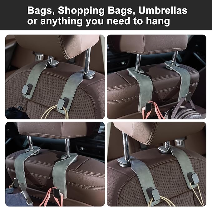 CoBak Headrest Hooks for Car - Universal Premium Stitched Leather and Aluminum-Magnesium Alloy Single Car Seat Back Storage Hook for Purses, Handbags, Bags (2 Pack),Gray