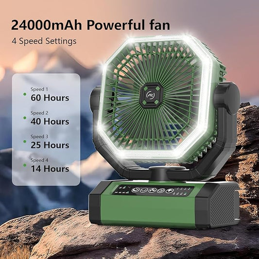 Portable Fan 24000mAh Battery Powered with Remote & LED, 4 Speed Strong Airflow, Desk/Camping/Outdoor/Gym Fan for Office Travel Treadmill Camping Gear