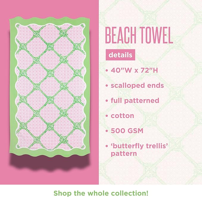 Lilly Pulitzer Oversized Pool/Beach Towel, 40 x 72, Large Cotton Patterned Towel with Scalloped Edges for Adults (Butterfly Trellis)