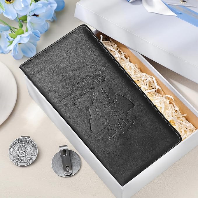 Christmas Car Registration and Insurance Card Holder Christmas Gift for Driver Include 1pcs Saint Christopher Medal, 1pcs Leather Vehicle Insurance Wallet Interior Car Accessories License