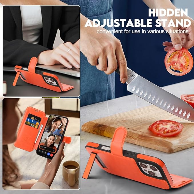 CIVICASE for iPhone 16 Pro Wallet Case with Stand,PU Leather Flip Credit Card Holder Slots (RFID Blocking),Compatible with Magsafe Magnetic Holder Phone Cover Women Men,Orange