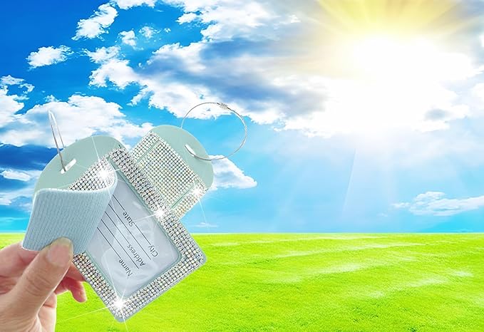 Blue Luggage Tags for Women's Suitcases Cute Bling Diamond Laether Travel Tags for Cruise and Travel Essentials-2 Packs