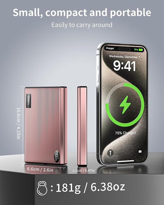 Portable Charger Power Bank, 10000mAh Wireless Charger Phone with USB C to 20 W PD Fast Charging Cable, Mag-Safes Battery Pack Magnetic Charger for Phone 17/16/15/14/13/12 Pro/Pro Max/Plus Pad
