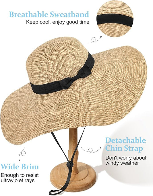 Senker Fashion Sun Hats for Women Oversize Wide Brim Straw Beach Hat Floppy Foldable Roll-Up Summer Vacation UPF 50+