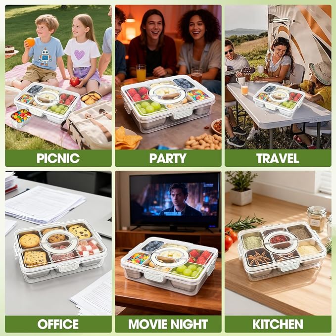 Snackle Box Container, Divided Serving Tray with Lid and Handle, Portable Snack Box with 304 Stainless Steel Container, 6 Compartments Snak Platter for Veggie, Fruit, Perfect for Party Picnic Office