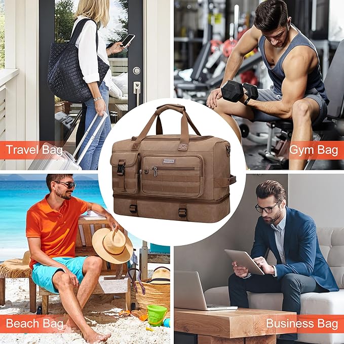 WITZMAN Duffle Bag for Men 50L Canvas Weekender Overnight Bag with Toiletry Bag Sets Travel Duffel Bag Shoes Compartment(A8010-2 Brown)