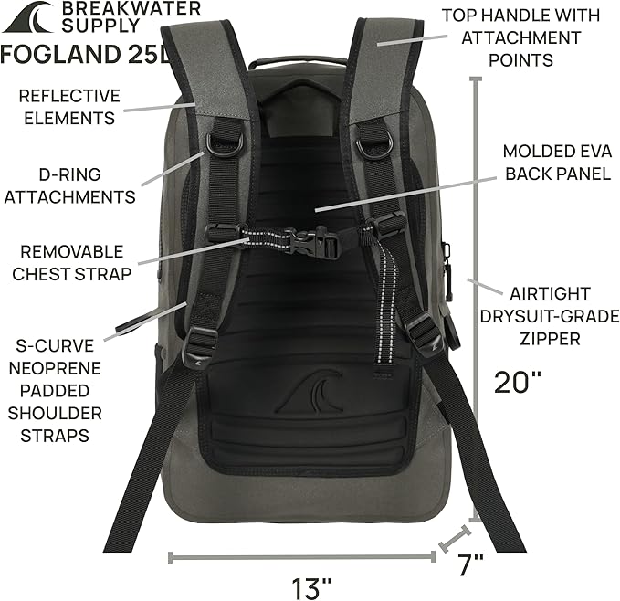 Breakwater Supply™ Waterproof IP68 Submersible Backpack with Airtight Zippers | Laptop Travel Outdoors | Fogland 25L 20L 15L