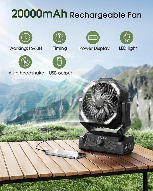 Portable Rechargeable Camping Fan - 20000mAh Cordless Battery Powered Tent Fans with LED Lantern, Remote Auto Oscillating USB C Operated Table Ventilador for Travel Picnic Barbecue Outdoor