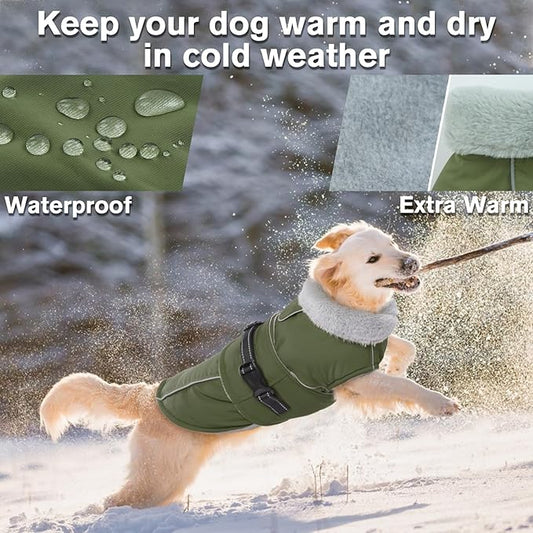 Lelepet Warm Dog Coat Waterproof Dog Jacket for Extra Large Dogs Reflective Fleece Vest with Adjustable Buckle Hook & Loop Windproof Cold Weather Coats for Small Medium Large Dogs, Army Green, XXXL