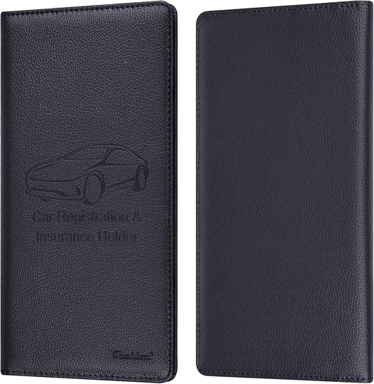 Car Insurance and Registration Holder, 9.5 x 5 Inch PU Leather Vehicle Glove Box Organizer Wallet Case for Insurance Card, Driver License, Paperwork - Black