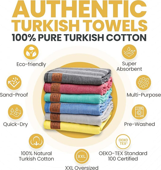 Gold CASE LYCIA Turkish Beach Towel Set of 6 โ 100% Cotton Turkish Beach Towels Bulk 70 x 38'' โ LYCIA Oversized, Quick Dry & Sand Free Beach Towel โ Lightweight Towels Set in Multi Color Tones