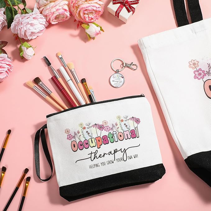 Kacctyen 3 Pcs Occupational Therapy Gifts Canvas Tote Bag Mental Healthy Makeup Cosmetic Bag Psychology Appreciation Keychains OT Gifts for Women Therapists(Cute Occupational)