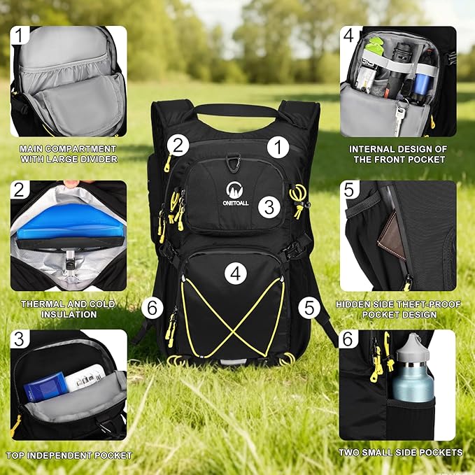 ONETOALL Hydration Backpack 22L, Hiking Backpack with 2L Leakproof Bladder, Sewn-in Rain Cover, Insulated Compartment for Men & Women Running, Cycling, Camping