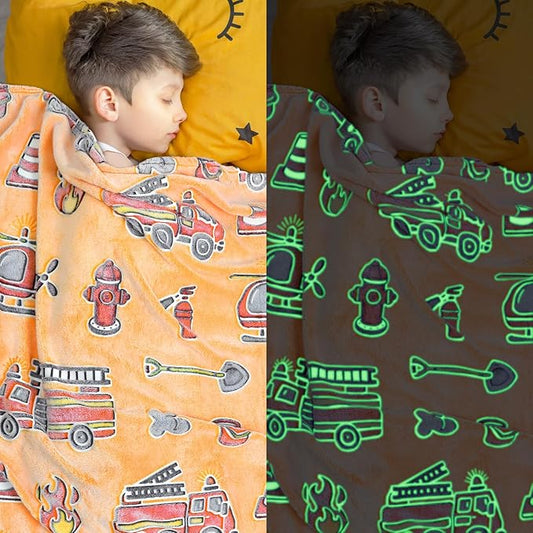 Fire Truck Blanket Glow in The Dark Blanket for Toddler Boys Gifts Toys for 3 4 5 6 7 8 9 10 Year Old Construction Blankets Firetruck Birthday Gifts for Kids