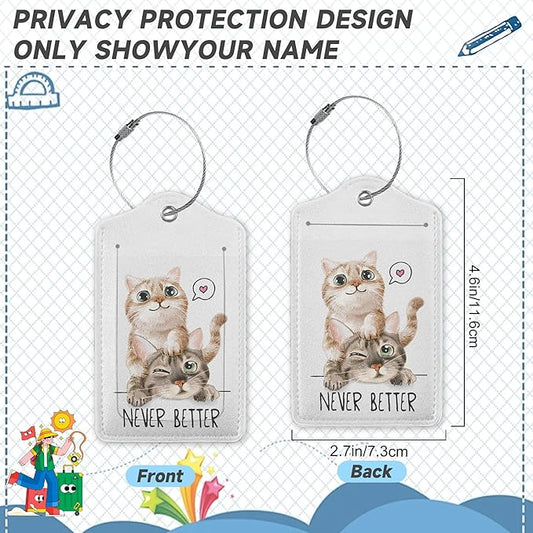 Cute Cat Luggage Tags for Suitcases,2 Pack,Never Better Luggage Tag,Leather Stainless Steel Loop Label Tag for Women Men Girls Travel Bag Suitcase