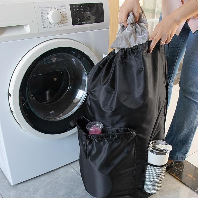 Gifts for Students, Polecasa Extra Heavy Duty Large Backpack Laundry Bag with Comfortable Padded Shoulder Straps & 4 Pockets, Christmas Gift for Women, Drawstring bag for Dorm, College, Travel, Black