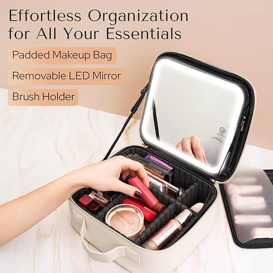 Makeup Bag with LED Mirror โ Travel Cosmetic Organizer with Lighted Mirror, Adjustable Dividers & Brush Holder Storage โ Portable PU Leather Makeup Case for Women & Girls - Cream