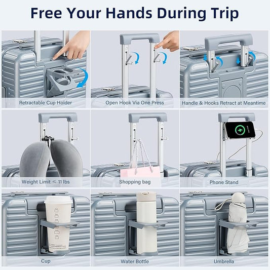 Hard Shell Suitcases Expandable Travel Luggage Sets 2 Piece, Carry on and Check in Luggage Lightweight Suitcase Set 2 Piece with Wheels Cup Holder Charger Built in (Silver, 20/28)