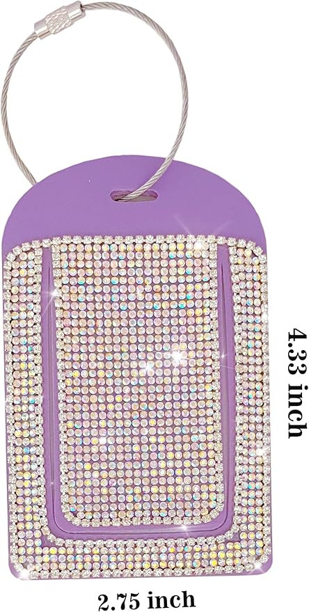 Purple Leather Luggage Tags for Women's Suitcases Cute Bling Diamond Travel Tags for Cruise and Travel Essentials-2 Packs