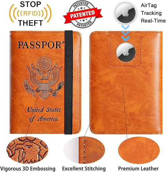 Airtag Passport Holder Cover Wallet Travel Essentials RFID Blocking Leather Card Case International Must Haves Travel Accessories for Women Men(119#Claybank)