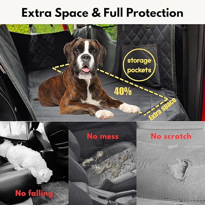 Dog Car Seat Cover for Back Seat with Hard Bottom, Waterproof Back Seat Extender, Upgraded Comfort Hammock, Anti-Scratch, Non-Slip, Easy to Clean, Supports up to 400lbs for Cars/SUVs/Small Truck