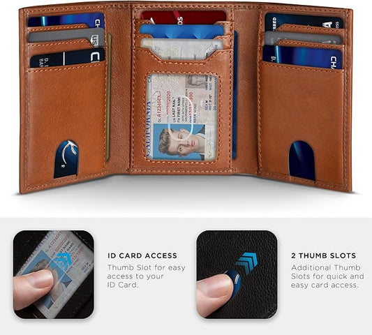 SERMAN BRANDS Trifold Wallet for Men - RFID Blocking Full Grain Leather, 11 Card Slots & ID Window, Slim Everyday Carry, Durable Stitching, Gift for Him