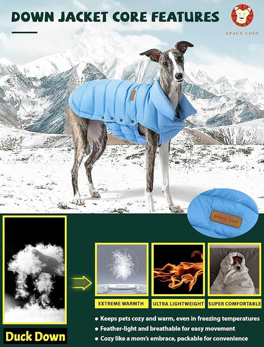 SPACE LION Dog Puffer Jacket, Down Winter Coat, Durable Outdoor Coat for Cold and Windy Conditions, Lightweight & Adjustable Fit Coats for Small & Medium Dogs, (Alaskan Blue, Size 12 Gift Box)