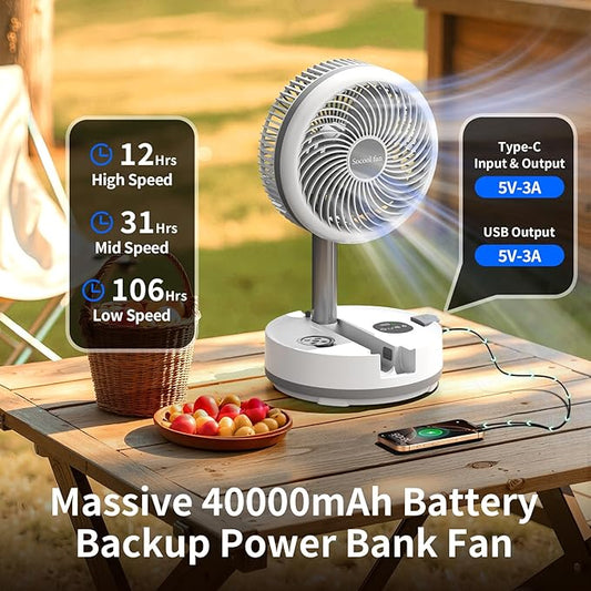 Socool 40000mAh Battery Operated Foldable Fan,Rechargeable Standing Fan, Remote Control & Colorful Light, Oscillating Telescopic, Timer & Digital Display, Foldaway Fans for Camping Travel Outdoor