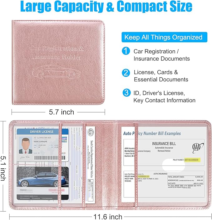 DMLuna Car Registration and Insurance Holder, Folio Leather Vehicle Card Document Glove Box Organizer, Auto Truck Compartment Accessories for Essential Information, Driver License Cards, Rose Gold
