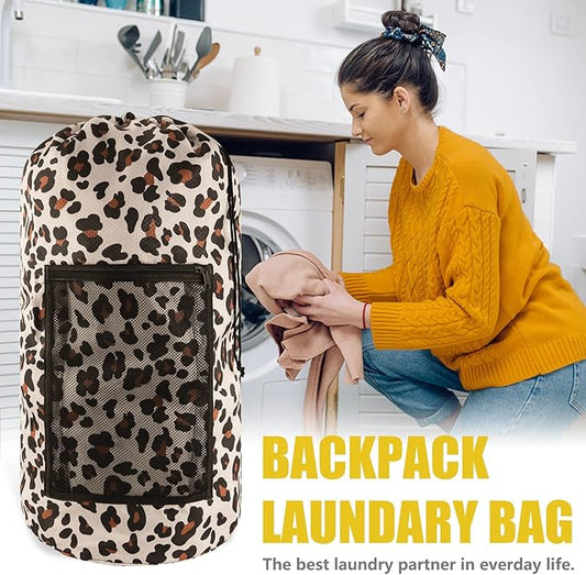 Laundry Bag Backpack, Extra Large Travel Laundry Bag with Mesh Pocket & Adjustable Shoulder Straps,Dirty Clothes Travel Bag for College Students Dorm,Apartment(Leopard Print)