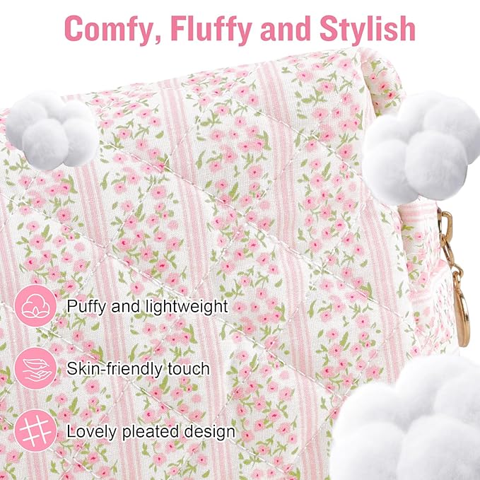 Personalized Quilted Cosmetic Bag, Puffy Monogrammed Christmas Birthday Gifts for Women & Girls, Cute initial Floral Makeup Bag Puffer Coquette Bag, Aesthetic Travel Toiletry Zipper Pouch(Pink,S)