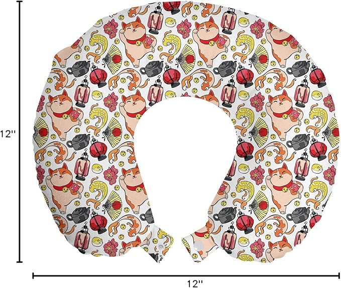Ambesonne Japanese Cat Travel Pillow Neck Rest, Lucky Cat Holding Koi Fish Paw Far East Illustration, Memory Foam Traveling Accessory for Airplane and Car, 12", Vermilion Champagne